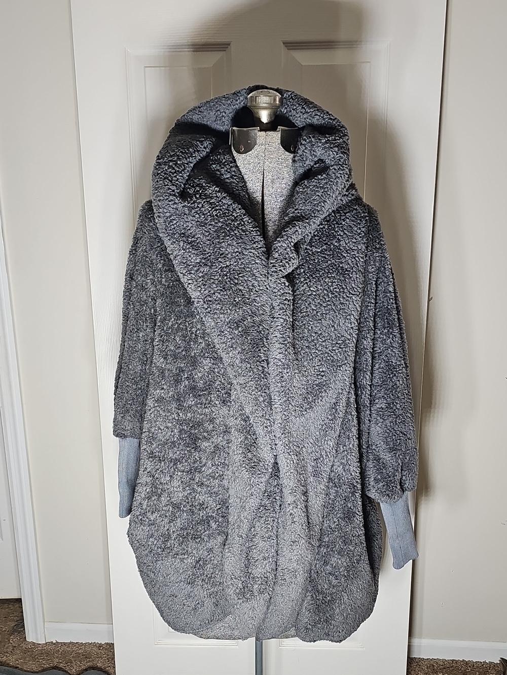 Gray Fuzzy Sherpa Fleece Oversized Cowl Hood Open-Front Cardigan Coat One Size